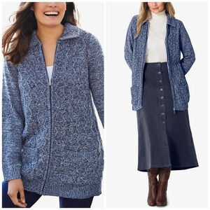 Woman Within Marled Zip-Front Cable Knit Cardigan Navy Sky Blue Size 2X